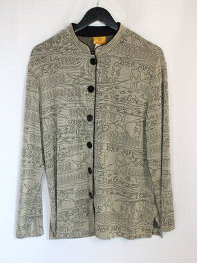 Ruby Rd Heiroglyph Pattern Knit Mandarin Collar Cardigan, Women's Size Large